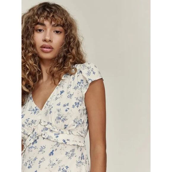 Reformation Janine Ruffle Floral Mini Dress Cream Blue Cap Sleeve Womens Size 8 - Picture 2 of 8